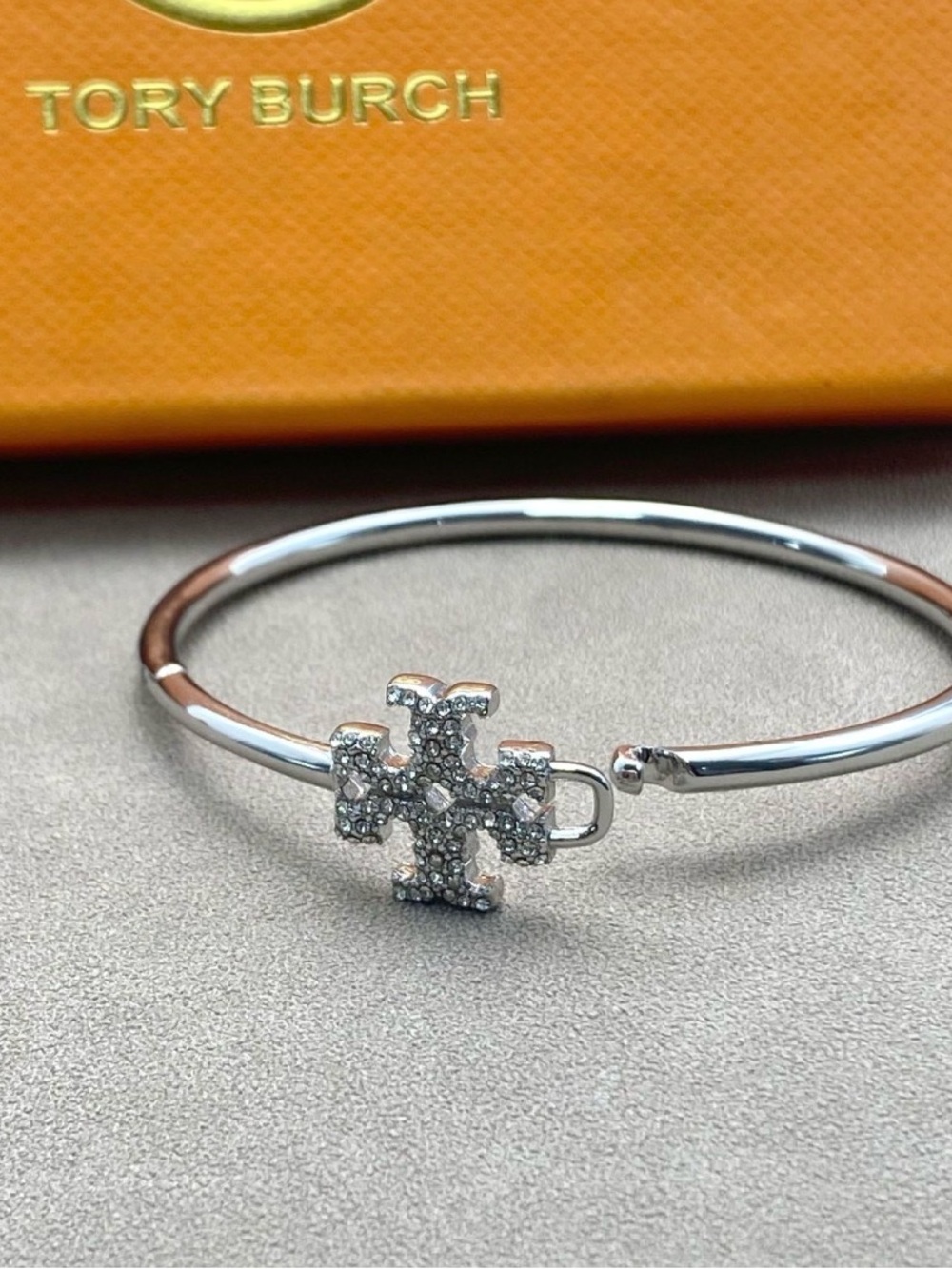 Tory Burch Silver Pavé Logo Bangle Bracelet with Clear Stones
